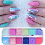 12Grids Nail Glitter Colorful Mirror Effect Shimmer Mermaid Pearl  Powder Chrome Pigment Fine Dust Reflective Polish Decor SAZGF