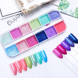 12Grids Nail Glitter Colorful Mirror Effect Shimmer Mermaid Pearl  Powder Chrome Pigment Fine Dust Reflective Polish Decor SAZGF