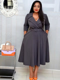 Women Elegant Dress with Waist Belt Notched Long Sleeves Pleated Modest Office Ladies Work Wear Fashion African Female Vestidos