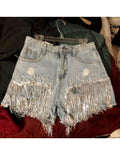 Women Spring Summer New Elegant Shorts Lady Tassel Beading High Waist Wide Leg Denim Shorts Female Casual Solid Shorts