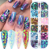 12Grids Nail Glitter Colorful Mirror Effect Shimmer Mermaid Pearl  Powder Chrome Pigment Fine Dust Reflective Polish Decor SAZGF