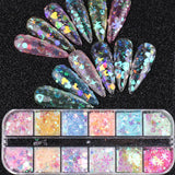 12Grids Nail Glitter Colorful Mirror Effect Shimmer Mermaid Pearl  Powder Chrome Pigment Fine Dust Reflective Polish Decor SAZGF