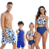 Family Matching Swimwear Mom Daughter Taseel Leaf Blue Bikini Dad Son Bathing Suit Women Men Couples Outfits Girls Boys Swimsuit