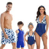 Family Matching Swimwear Mom Daughter Taseel Leaf Blue Bikini Dad Son Bathing Suit Women Men Couples Outfits Girls Boys Swimsuit