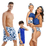 Family Matching Swimwear Mom Daughter Taseel Leaf Blue Bikini Dad Son Bathing Suit Women Men Couples Outfits Girls Boys Swimsuit