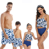 Family Matching Swimwear Mom Daughter Taseel Leaf Blue Bikini Dad Son Bathing Suit Women Men Couples Outfits Girls Boys Swimsuit