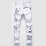 New Men Streetwear personality Ripped printed white skinny Jeans Hip Hop Punk Casual motorcycle stretch denim jeans trousers