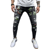 2 Styles Men Stretchy Ripped Skinny  Print Jeans Destroyed Hole Taped Slim Fit Denim Quality Jean