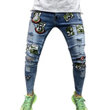 2 Styles Men Stretchy Ripped Skinny  Print Jeans Destroyed Hole Taped Slim Fit Denim Quality Jean