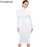 Black Turtleneck Sexy Women Dress Autumn Long Sleeve Skinny Midi Bodycon Casual Blue Plush Knee-Length Party Club Outfit