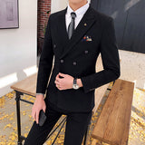 Men Double Breasted Two Piece Suit Coat Set Slim Fashion New Business Casual Jacket British Style Wedding Dress Blazers Pants