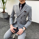 Men Double Breasted Two Piece Suit Coat Set Slim Fashion New Business Casual Jacket British Style Wedding Dress Blazers Pants