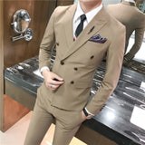 Men Double Breasted Two Piece Suit Coat Set Slim Fashion New Business Casual Jacket British Style Wedding Dress Blazers Pants