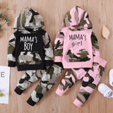 Baby Girl Boy Twins Clothes Toddler Girl Outfits Mama&#39;s Boy Girl Camouflage Print Hooded Top + Pants Infant Kids Clothing Bulk