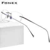 FONEX Pure Titanium Eyeglasses Frame Men Rimless Prescription Square Glasses,  New Luxury Women Myopia Optical Eyewear 8562