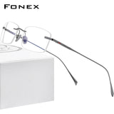 FONEX Pure Titanium Eyeglasses Frame Men Rimless Prescription Square Glasses,  New Luxury Women Myopia Optical Eyewear 8562