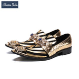 Christia Bella British Style Party Men Dress Shoes Stripe Genuine Leather Formal Shoes Gold Silver Pointed Toe Business Shoes